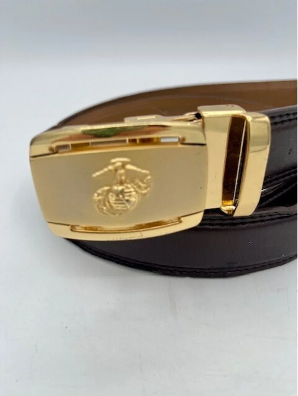 Brown Leather Belt Gold Finished Buckle With Eagl Globe & Anchor Emblem Size 48